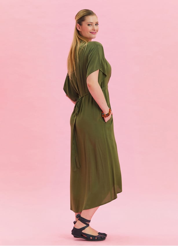 V Neck Pleated Detailed Khaki Casual Dress 4531